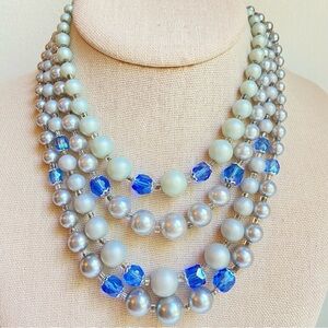 Japan layered faux pearl necklace in gray with blue glass accent beads VINTAGE